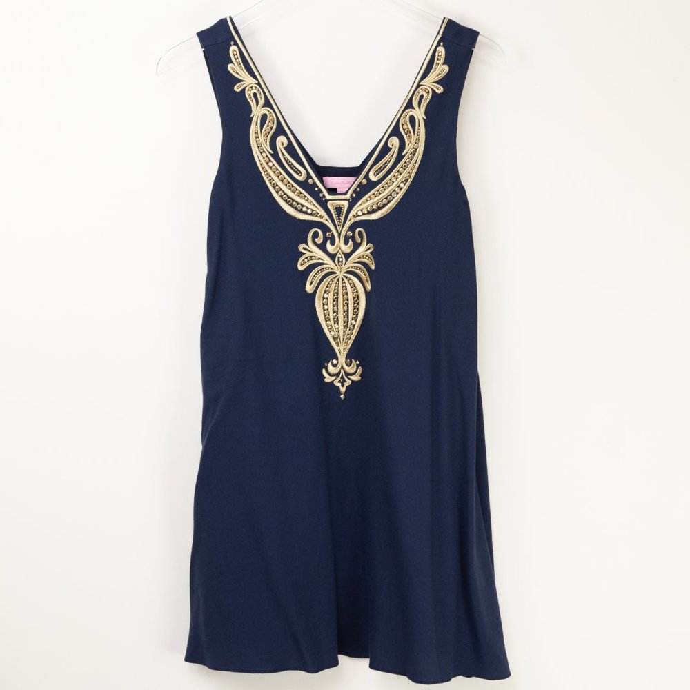 Lilly Pulitzer Owen Dress Trapeze Mini Beaded Rayon True Navy Blue Gold Size XXS - Picture 2 of 7
